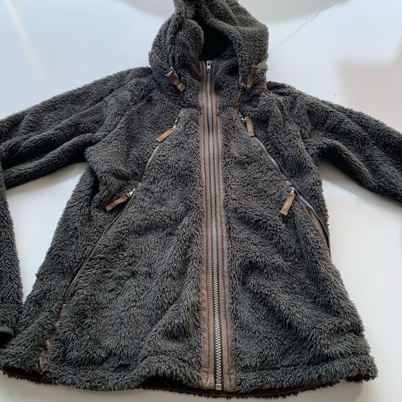 Kuhl Flight Jacket Women's M Brown Full Zip Stowaway Hood Fleece Raglan Sleeve - Picture 3 of 15